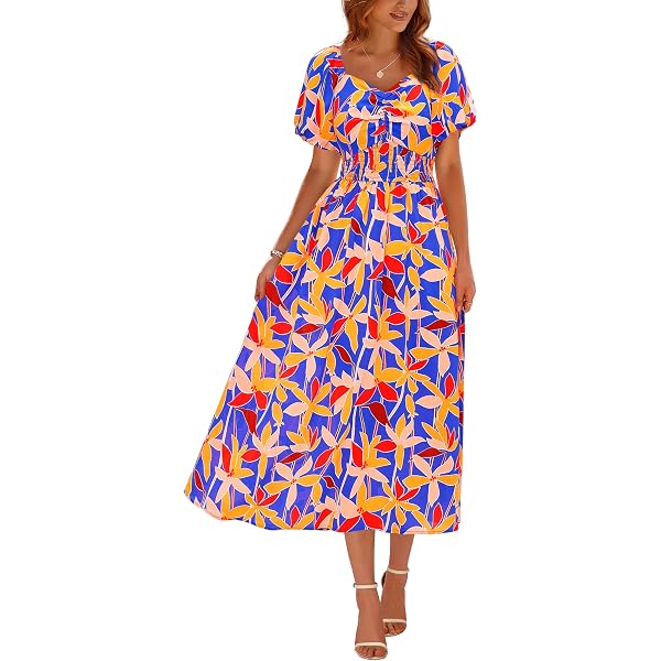 Milumia Women's Floral Print Puff Short Sleeve Dresses Boho Shirred Flared Maxi  Dresses Multicolor X-Large at Amazon Women's Clothing store