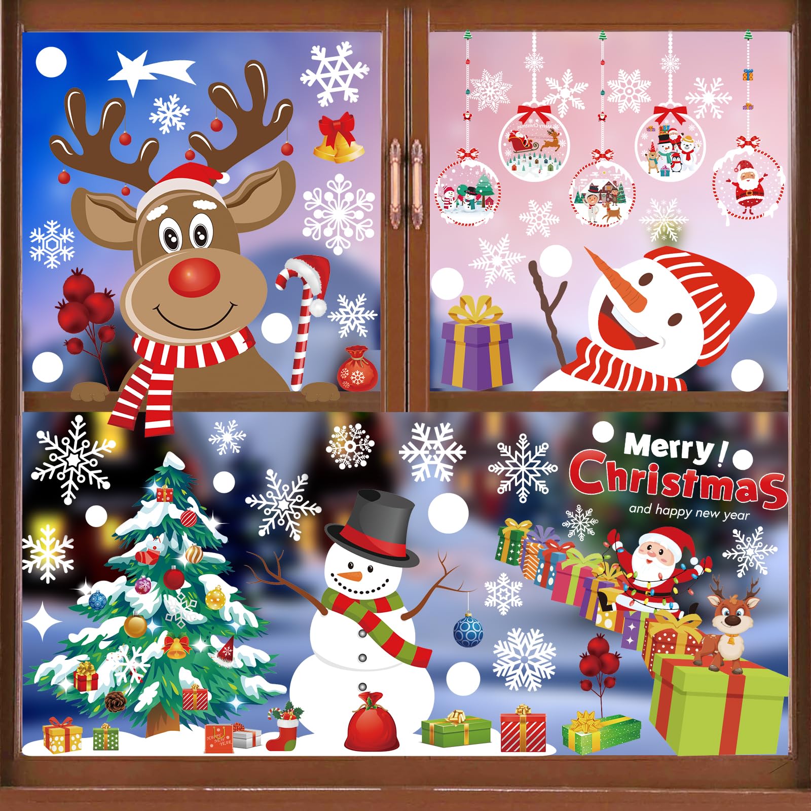 Christmas Window Stickers, 152 Pcs Reusable Window Clings Snowflake Decal, Christmas Decorations for Glass, Peeping Santa & Rudolph Snowflakes Window Clings for Xmas Double Sided
