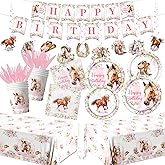 Horse Birthday Decorations Tableware,171PCS Cowgirl Floral Themed Birthday Tea Party Supplies,Flower paper plates,Horse napkins,Forks,Horse Table Cloth,for Girls Rodeo,Bachelorette Fairy Parties