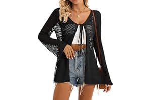Bellcoco Women's Crochet Coverups V Neck Bell Long Sleeve Tie Front Drawstring Ruched Shirt Summer Beach Crop Tops