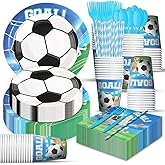 LLOORE 350 Pcs Soccer Birthday Party Decorations, Disposable Tableware Set Party Supplies for 50 Guests, includes Plates, Cups, Napkins, Forks, Spoons, Straws for Soccer Theme Decorations
