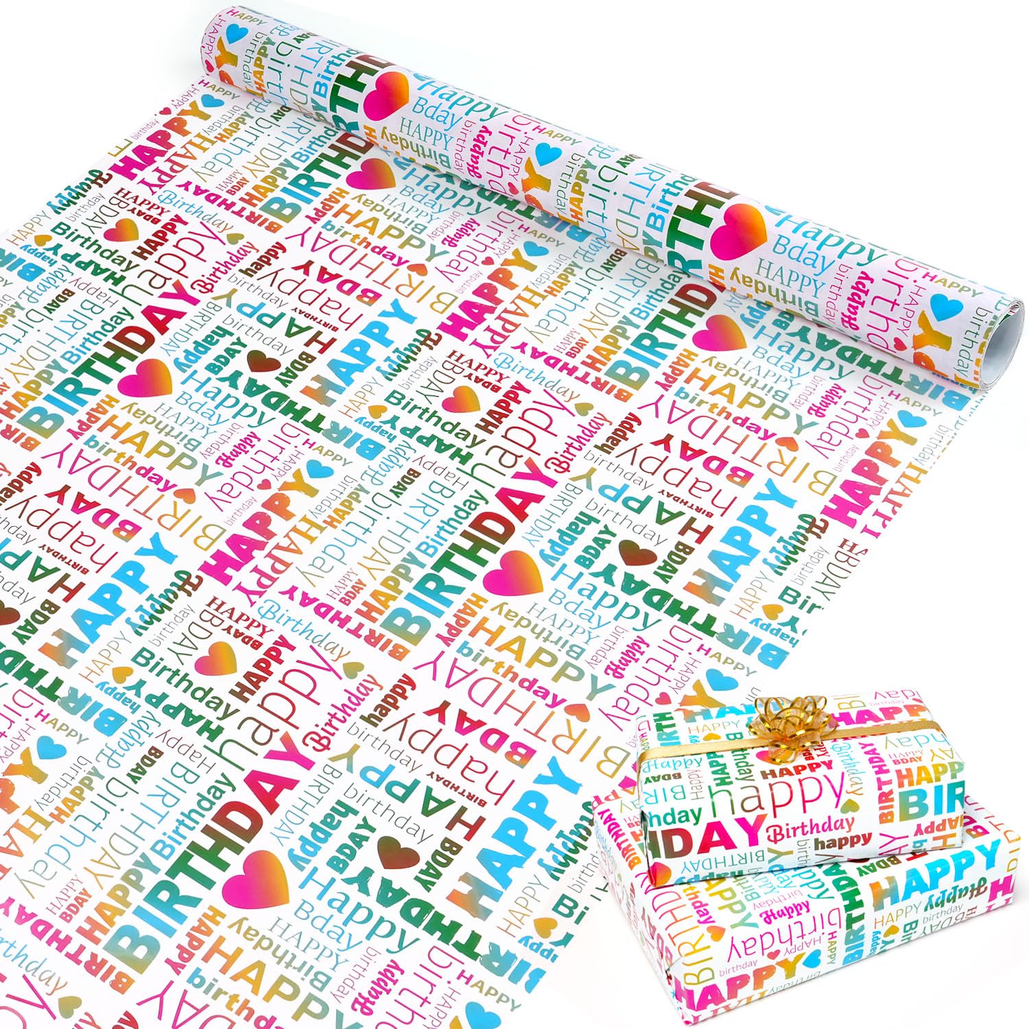 Birthday Wrapping Paper Sheets, 6 Sheets White Colorful Gift Wrapping Paper Set with Gradient "Happy Birthday" Design, Colorful Gift Wrap Paper for Girls Women Boys Men, 44x76cm