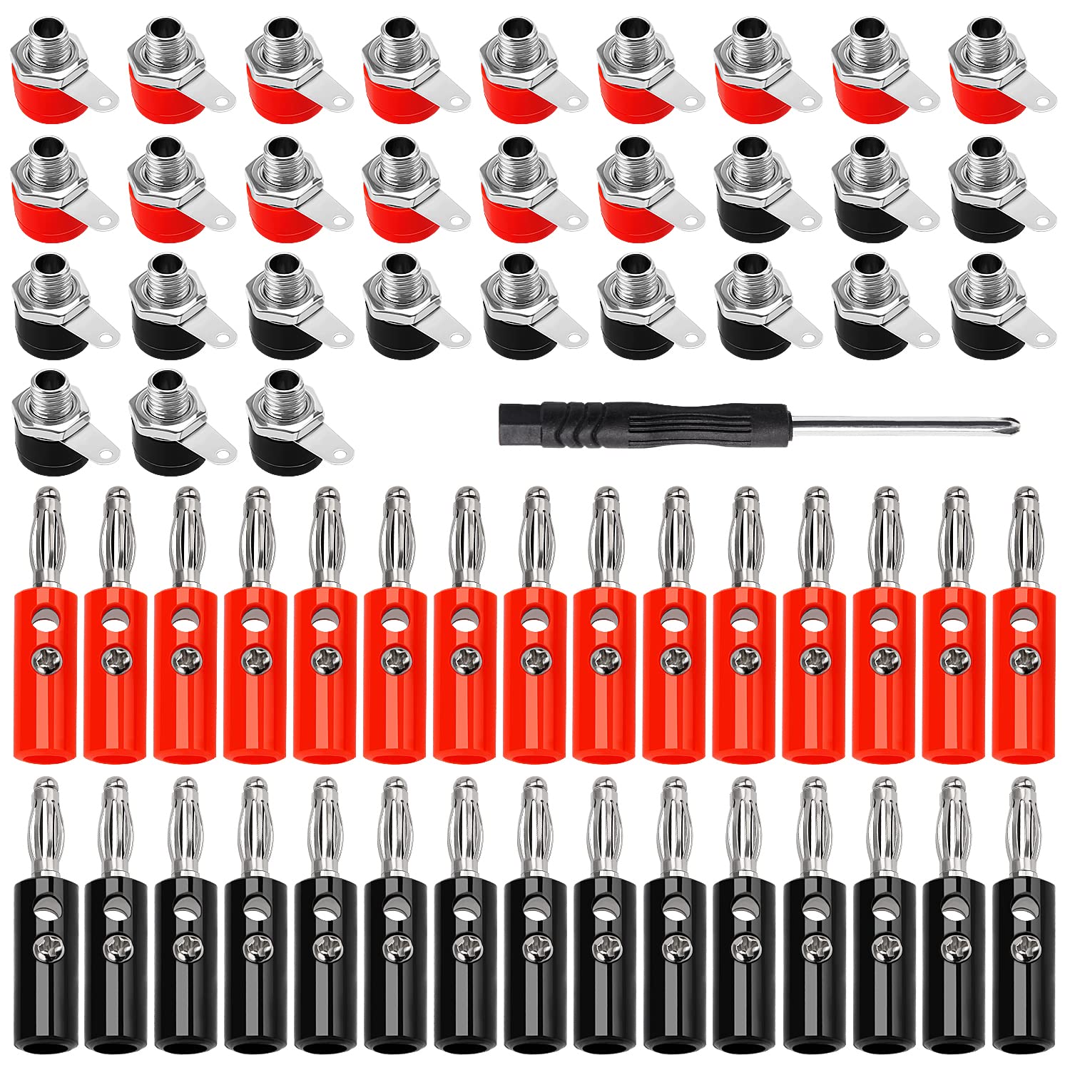 KUOQIY 60 PCS Banana Plug Socket Connector, Sockets + Speaker Plugs, with Screwdriver (30 Pairs Red + Black)
