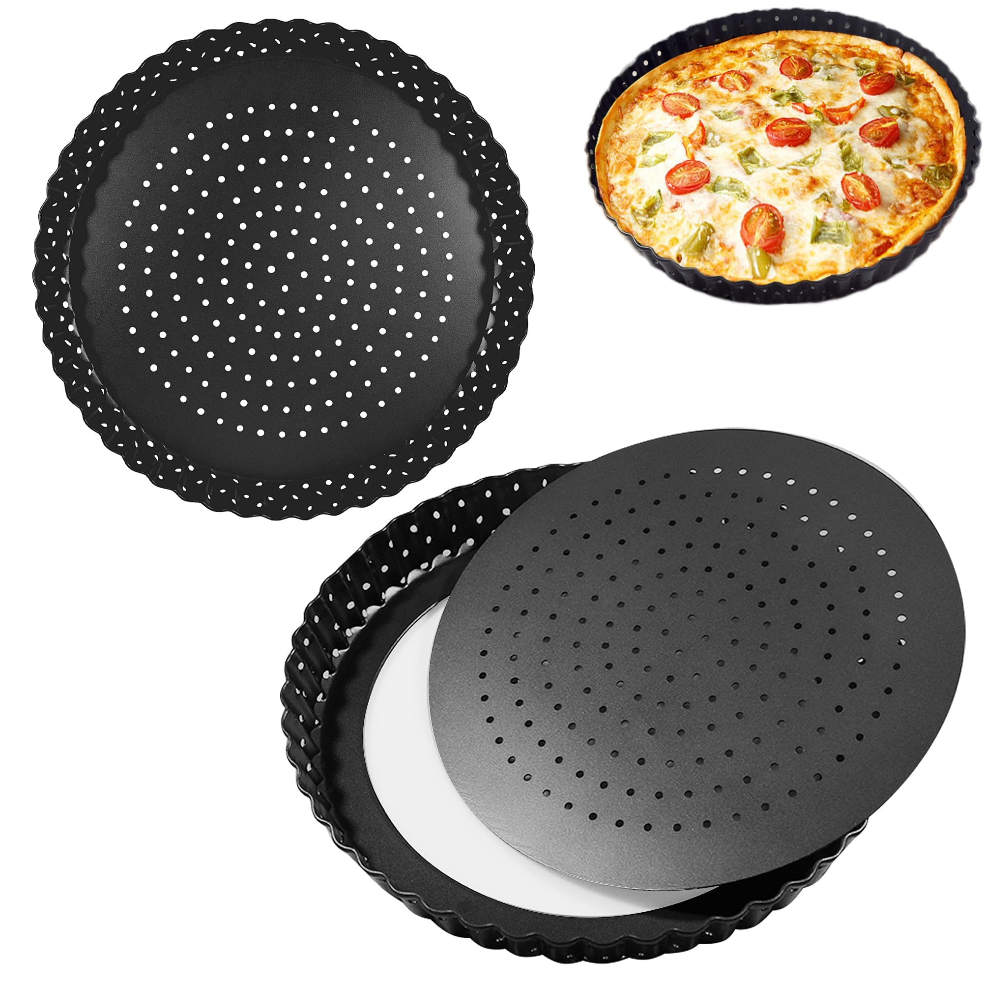 AZKEEGREY 2Pack Perforated Quiche Tins with Loose Base 30cm, Non-Stick Perforated Tart Tin with Loose Base, Round Perforated Flan Tin Removable Bottom for Baking