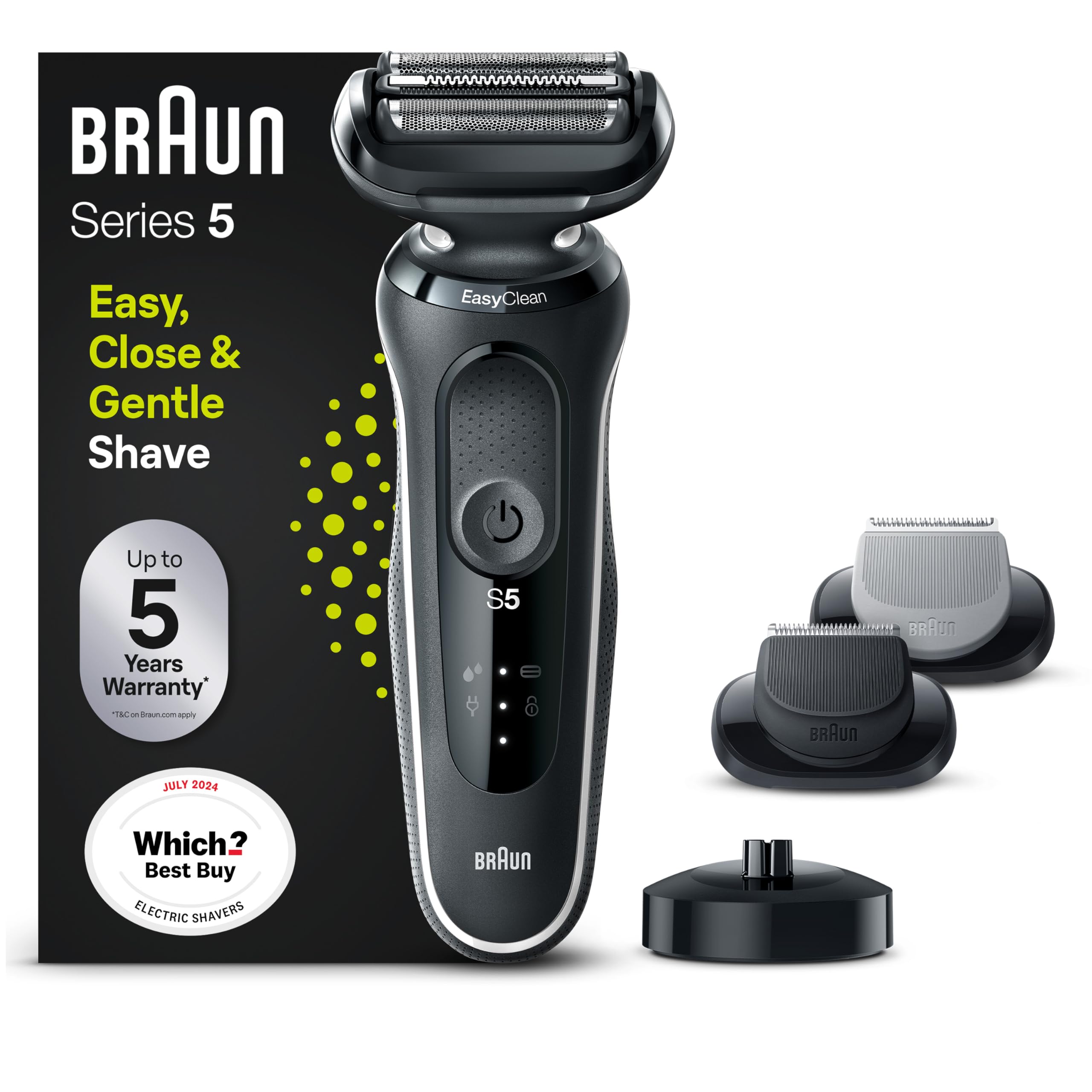 Braun Series 5 Electric Shaver With Beard Trimmer, Body Groomer & Charging Stand, Wet & Dry, 100% Waterproof, UK 2 Pin Plug, 50-W4650cs, White Razor