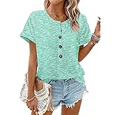 Womens Waffle Knit Summer Tops Button Half Placket Dressy Casual Tunic Shirts 2026 Basic Clothes