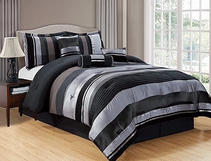7 Piece Black Silver Stripe Chenille Comforter Set 106 X 94