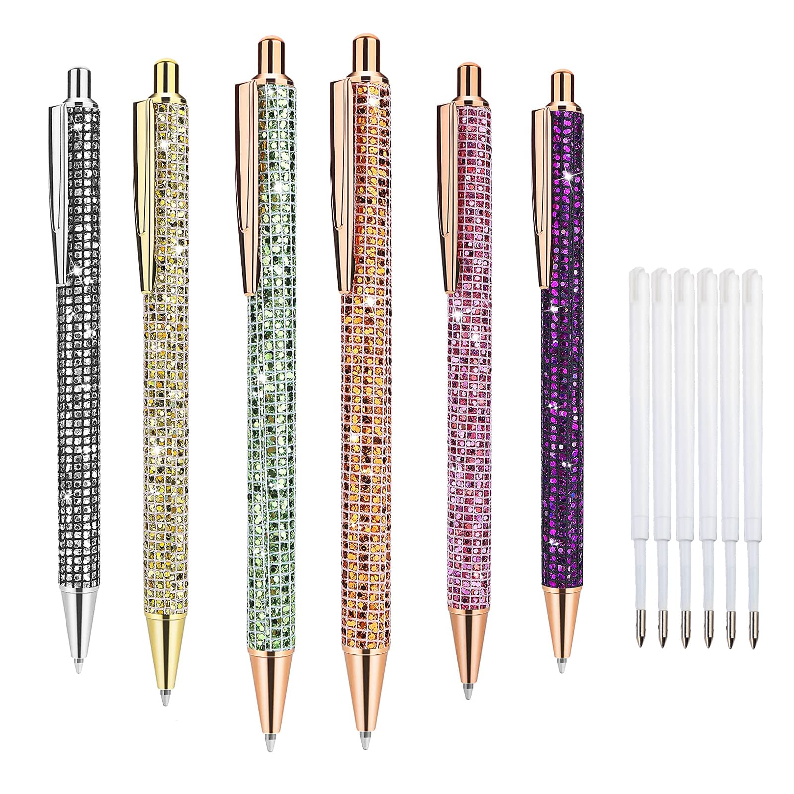 6 Pieces Retractable Ballpoint Pens Set,Black Bling Metal Pens Metal Glitter Gel Ink Pens with 6 Pieces Replacement Refill Black Ink Medium Point Gift Pens 1.0mm Black Ink Ballpoint Pens for Adults