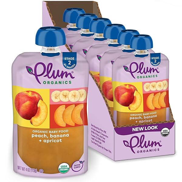 PLUM ORGANICS STAGE 2 ORGANIC BABY FOOD – PEACH, BANANA, AND APRICOT – 4 OZ POUCH (PACK OF 6) – ORGANIC FRUIT AND VEGETABLE BABY FOOD POUCH