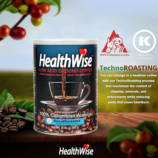HEALTHWISE LOW ACID DECAFFEINATED GROUND COFFEE, CHEMICAL-FREE SWISS WATER PROCESS, 99.9% CAFFEINE FREE, 100% COLOMBIAN – MEDIUM ROAST, HEALTHIER COFFEE FOR SENSITIVE STOMACHS 12 OUNCE (PACK OF 1)