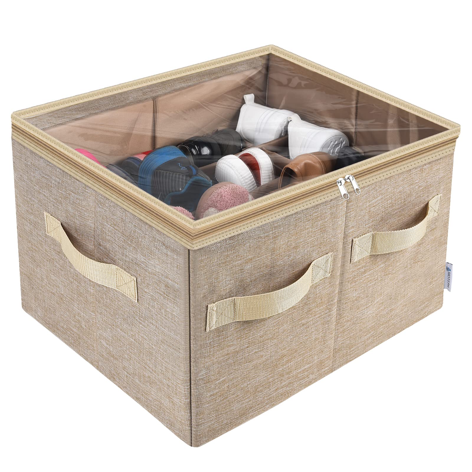 Moteph Shoe Organizer Closet Storage Solution with Clear Cover & Adjustable Dividers for Shoes, Handbags, Blankets, Linen, Clothing (Medium - 16 Pairs, Light Brown)