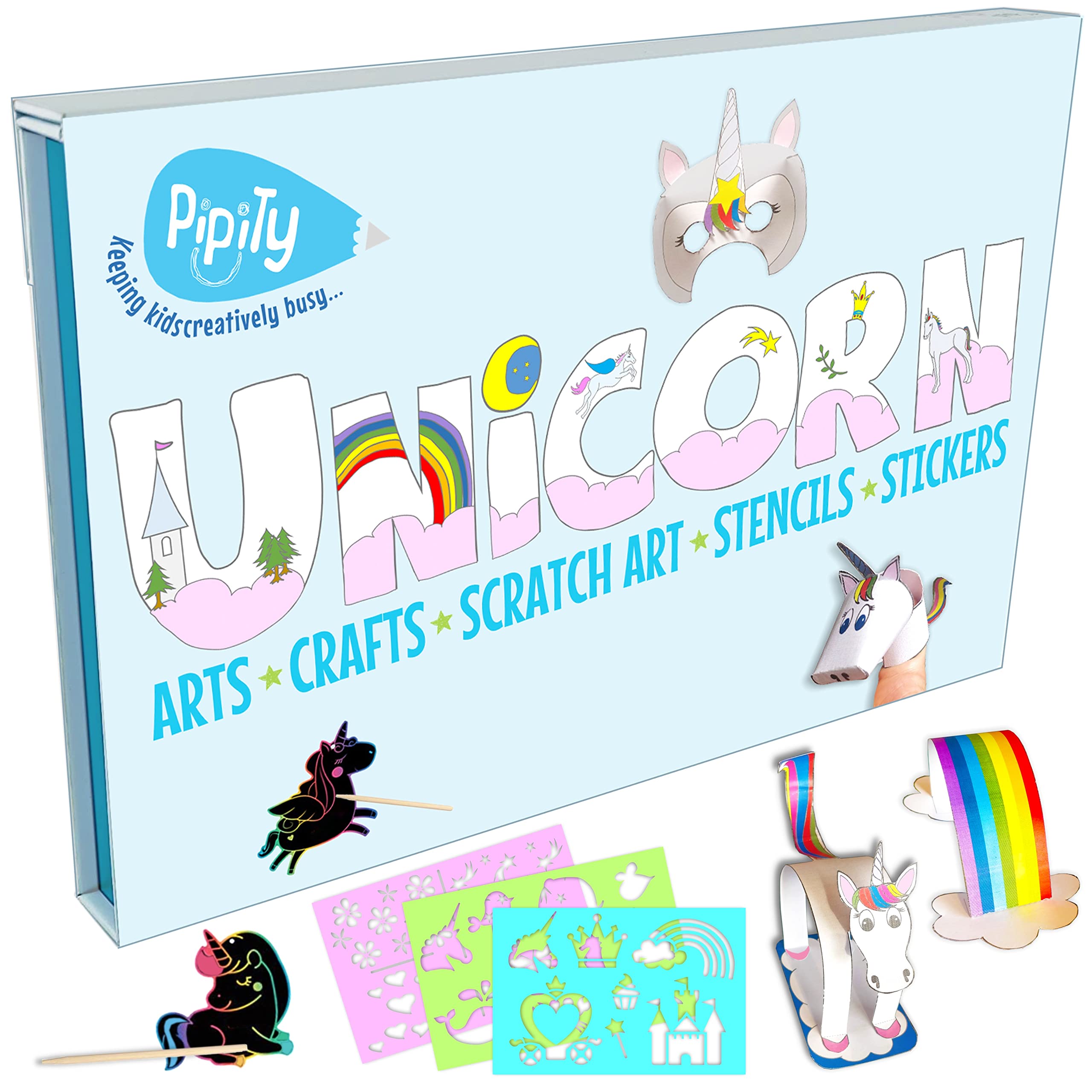 Unicorn Arts and Crafts Set | Paper Craft, Colouring, Drawing, Stickers, Stencils, Scratch Art and Puzzle Activity Kits for Kids|Gifts for Girls Age 5,6,7,8,9+ | Pipity
