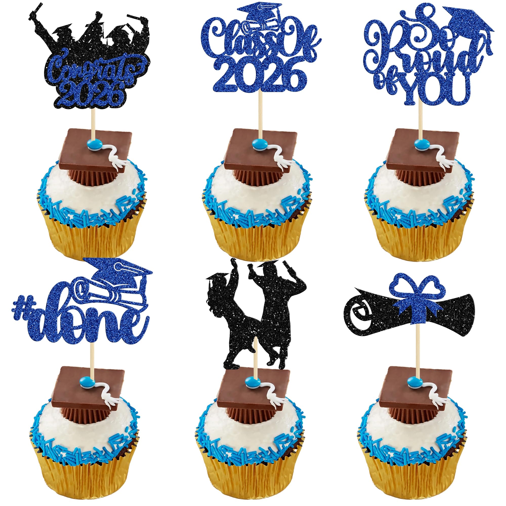 Gyufise 24Pcs 2026 Graduation Theme Cupcake Toppers Glitter So Proud of You Cake Toppers Class of 2026 Cupcake Picks for 2026 Graduation Theme Party Cake Decorations Supplies Blue — image 1