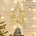 Joiedomi Gold Glitter Star Tree Topper Metal Hallow Tree Star Lighted for Christmas Tree Decorations Home Holiday Xmas Party Indoor Decor