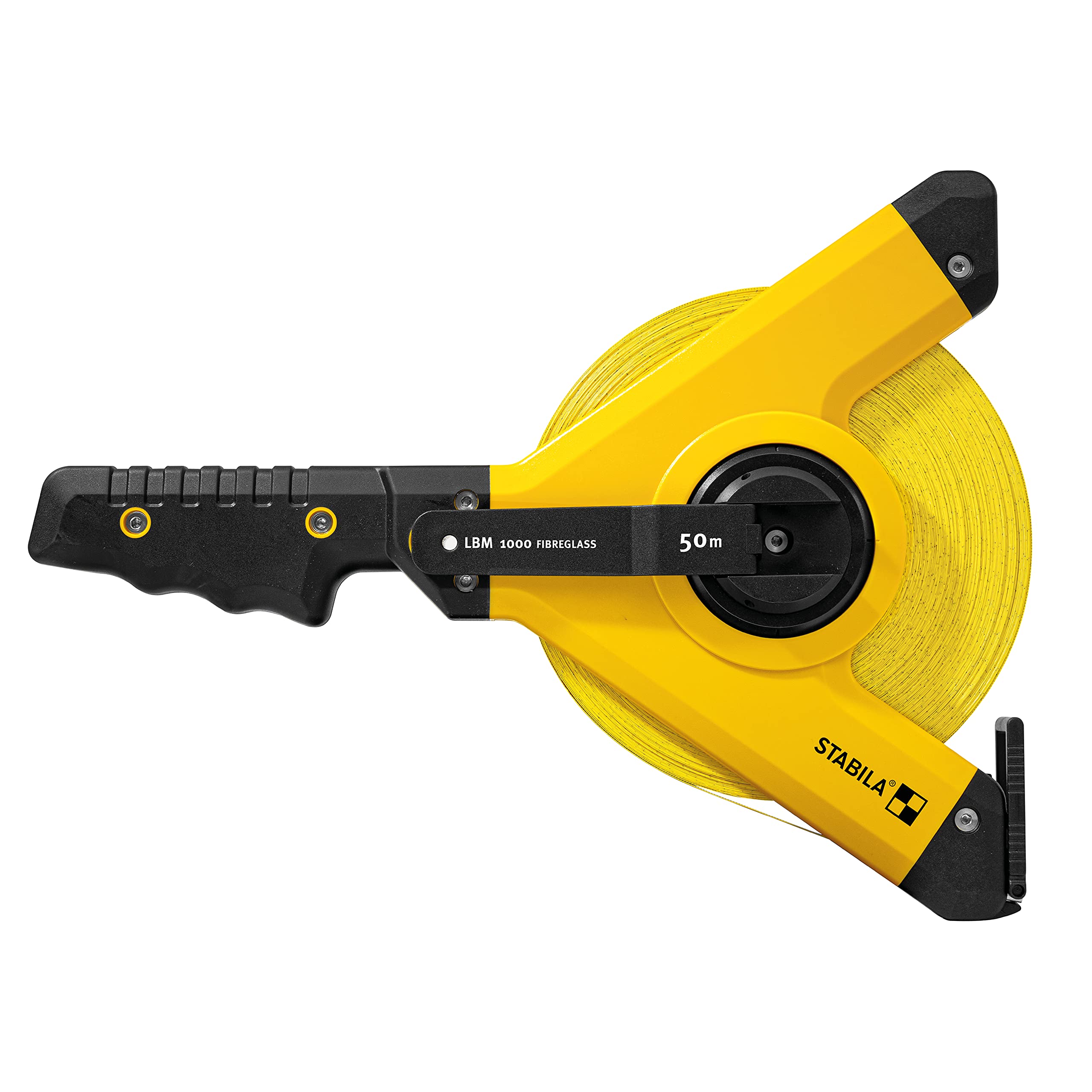 STABILA Frame Tape Measure LBM 1000 Fibreglass, 50 m, Fibreglass Measuring Tape with Metric Scale and Kink Protection, Universal Hook, Shatterproof Frame, MID Accuracy