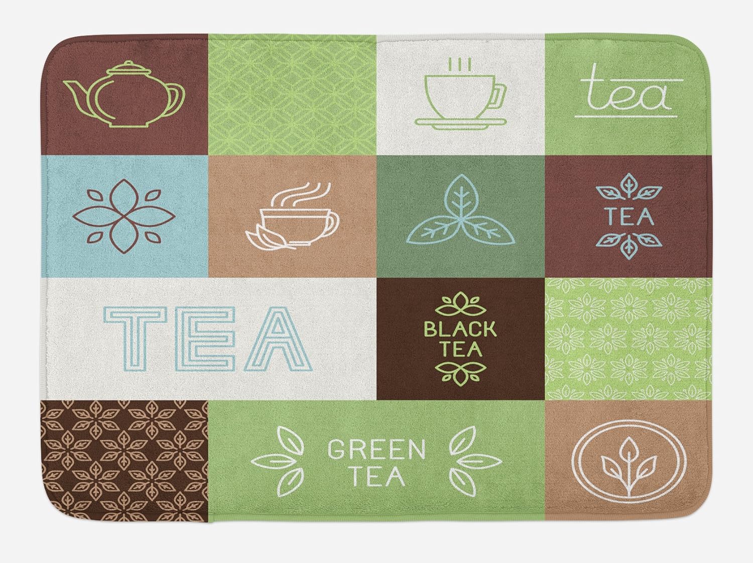 Amazon Com Ambesonne Tea Party Bath Mat Checkered Tea Themed Images Geometrical Soft Colored Minimalist Plush Bathroom Decor Mat With Non Slip Backing 29 5 X 17 5 Green Brown Blue Kitchen Dining