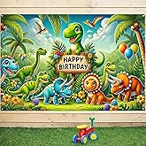 BlissYard Happy Tropical Jungle Birthday Party Backdrop - Dinosaur Backdrop Boys Dino Themed Decorations Scales Photography Photo Studio Booth Banner Kids Baby Background 71 x 43 Inch