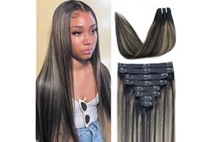 POBOKIX FB27 Balayage Clip In Hair Extensions Real Human Hair Straight Ombre Clip In Black to Blonde Human Hair Extensions Highlight Clip ins Remy Hair for Women 8Pcs with 18Clips Lace Weft 120g 18inch