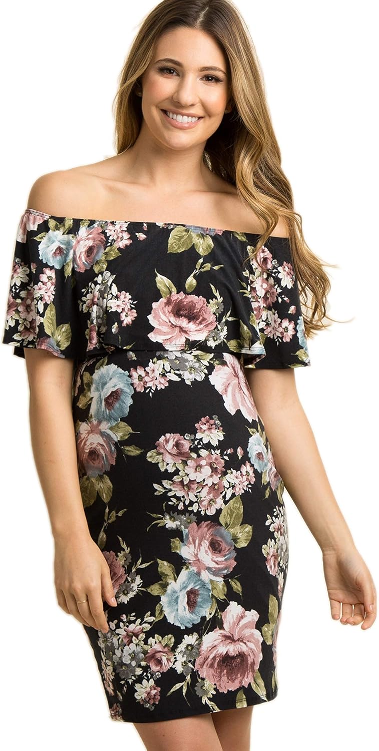 PinkBlush Maternity Black Floral Ruffle Trim Fitted Maternity Dress, at