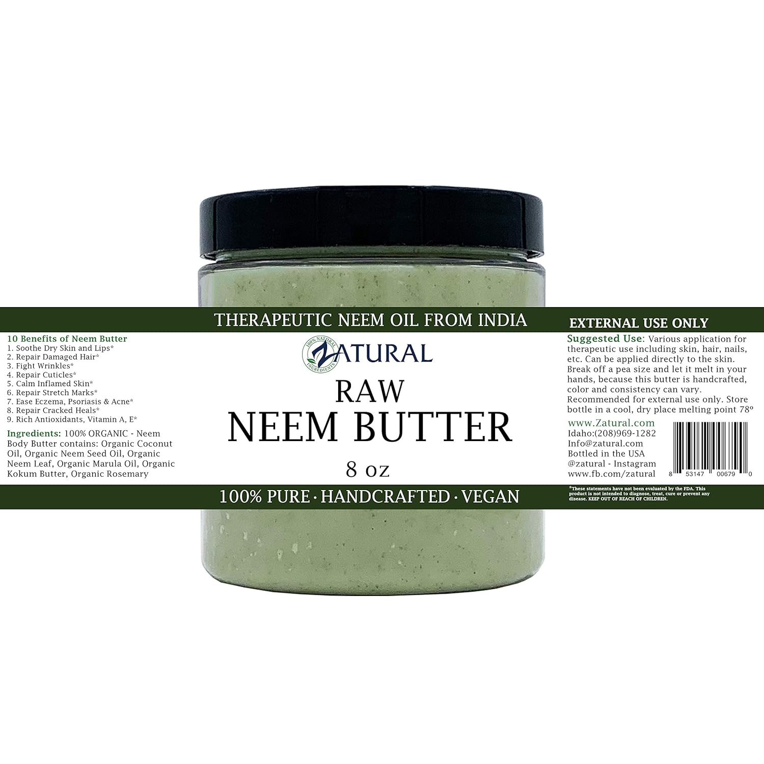 Organic Neem Butter-Coconut Oil, Neem Oil, Neem Leaf, Marula Oil, Kokum Butter, Rosemary (8 Ounce) : Beauty