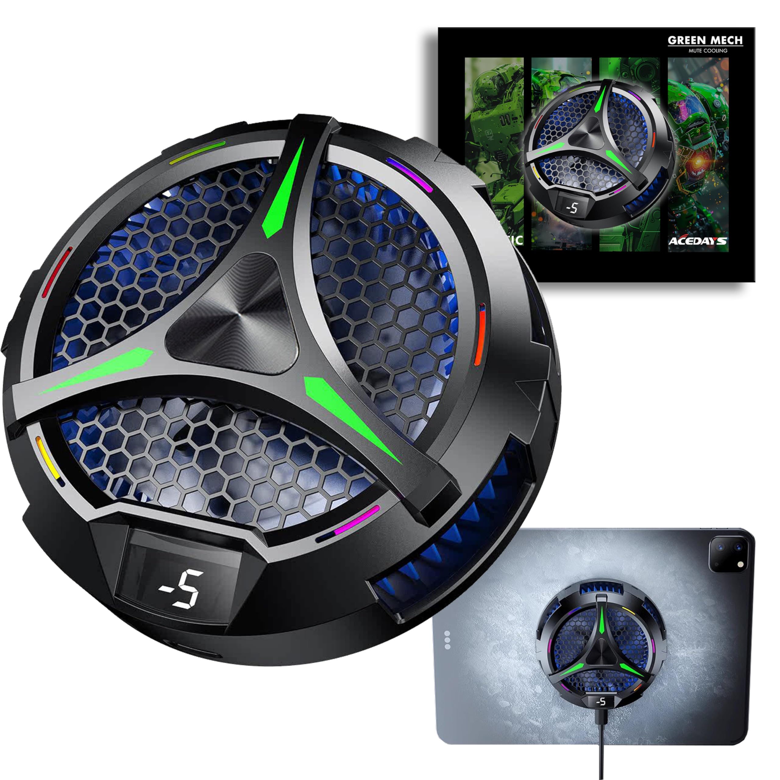 Photo 1 of ACEDAYS Magnetic Cooler for iPad,Tablet Cooler for ipad/Surface pro/Samsung Tab,Universal Radiator with Temperature Display for Mobile Gaming,Tiktok Live Streaming (Green Mech)