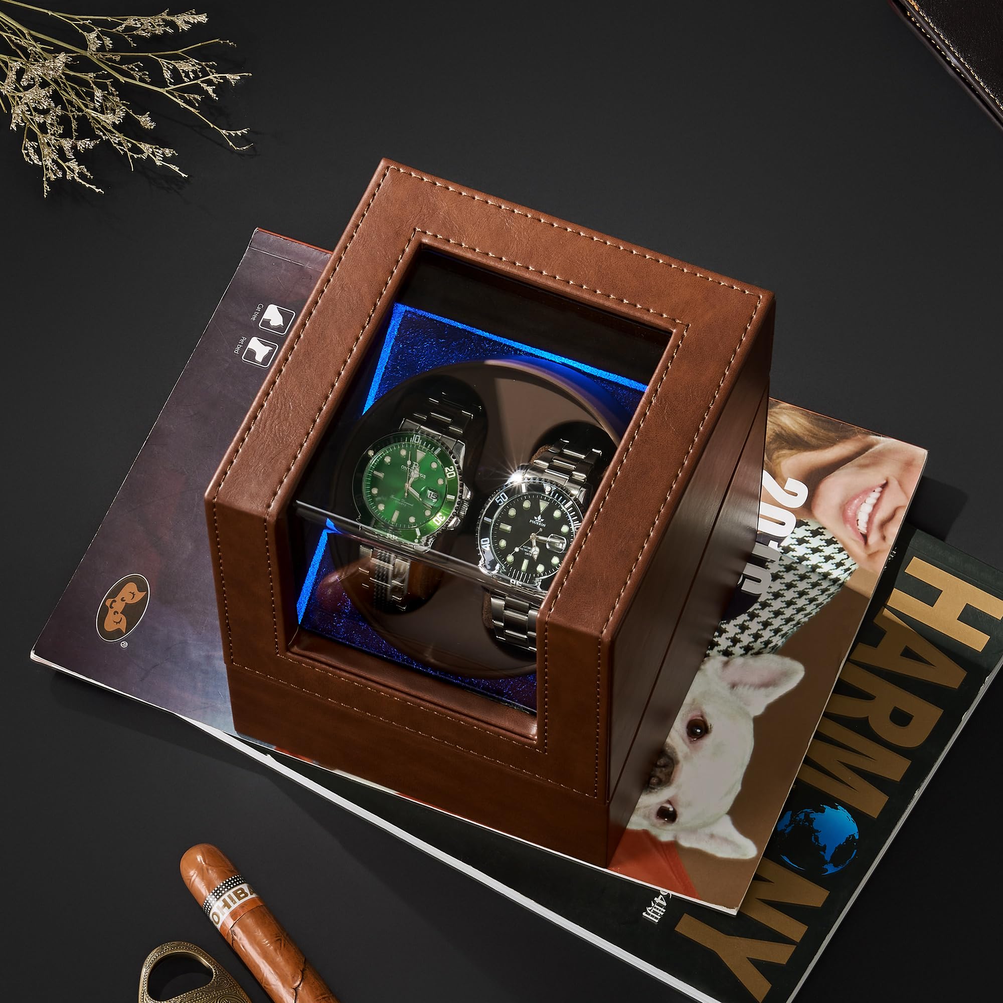 ANWBROAD Watch Winder, Double Automatic Watches Rotator, Quiet Motor, Flexible Watch Pillows, 5 Modes, Battery or USB, UJWW001Z