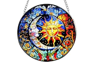 BLISSIQUEE Sun and Moon Stained Glass Wall Hanging Ornament, Suncatcher Four Seasons Theme, Colorful Leaves Window Hand-Painted Glass Panel Decor Gift for Women Christmas Thanksgiving Gift 5.9’’*5.9’’