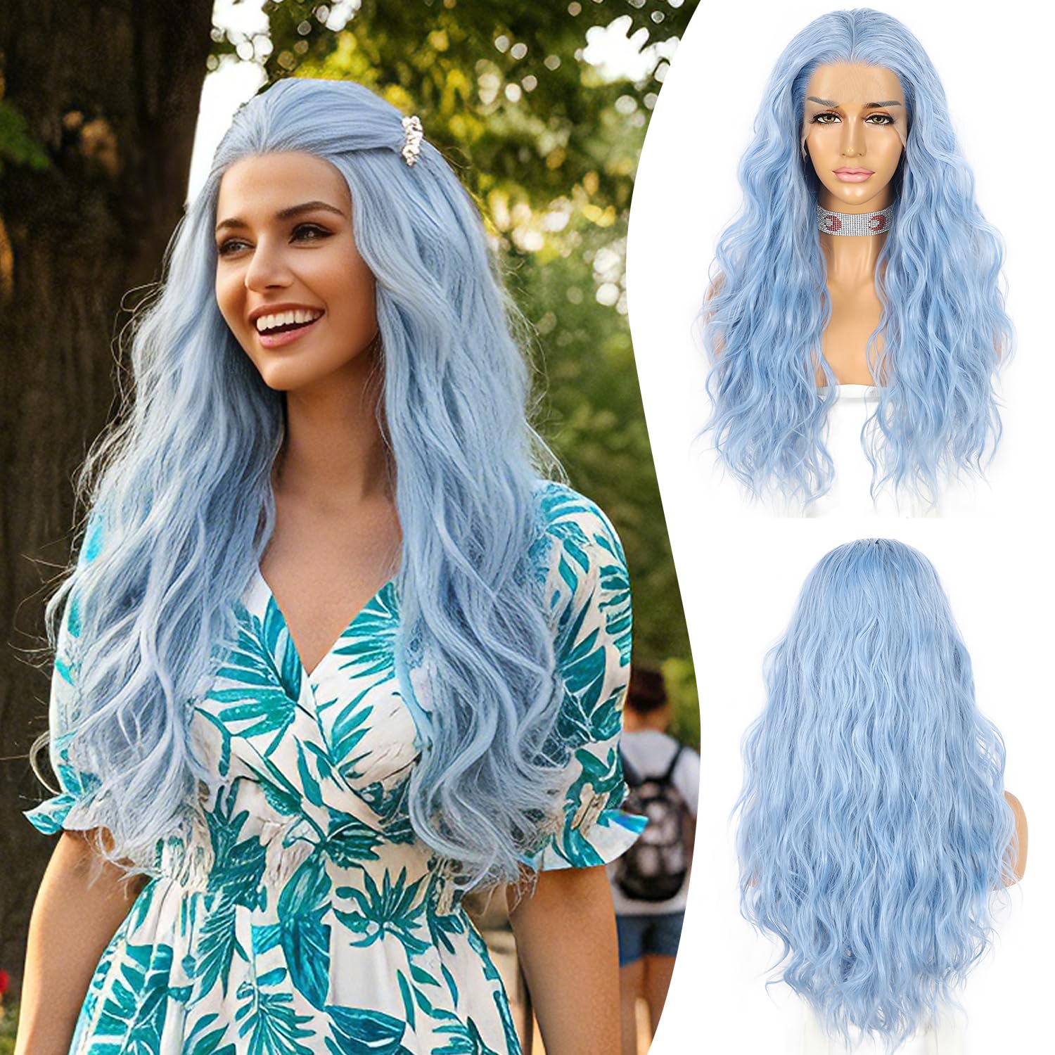 Sapphirewigs Light Blue Lace Front Wigs for Women Wavy Synthetic Wig 13x4 Lace Front Long Hair Cosplay Party Daily Wear Heat Resistant 24 inch