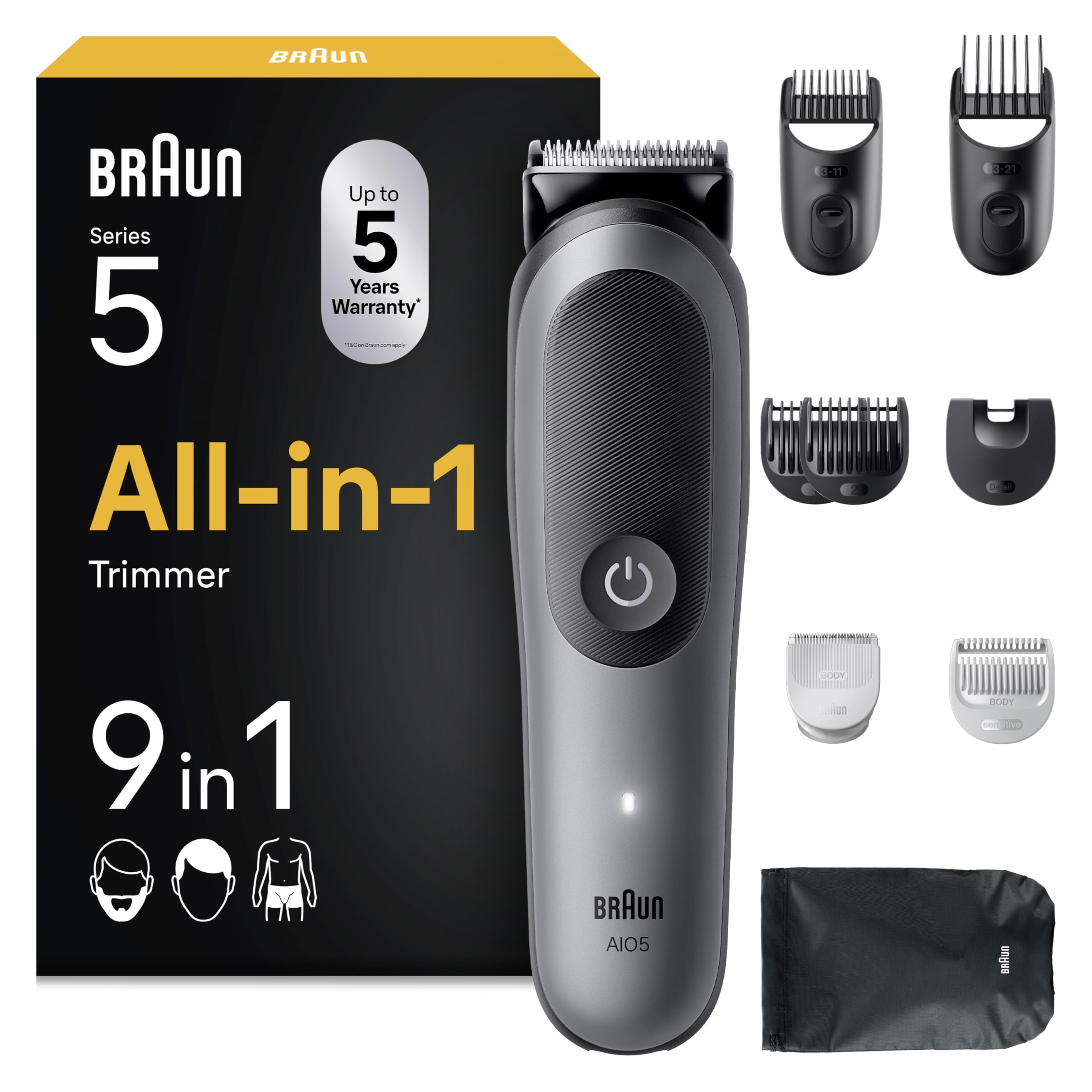 Braun All-in-One Trimmer-Set 5, 9-in-1 Multigroom, Barttrimmer, Haarschneider, Haarschneidemaschine für Gesicht, Kopf und Körper, 120 Min Akku, 14 Längen (0.5–21 mm), Wasserdicht, AIO5545, Grau