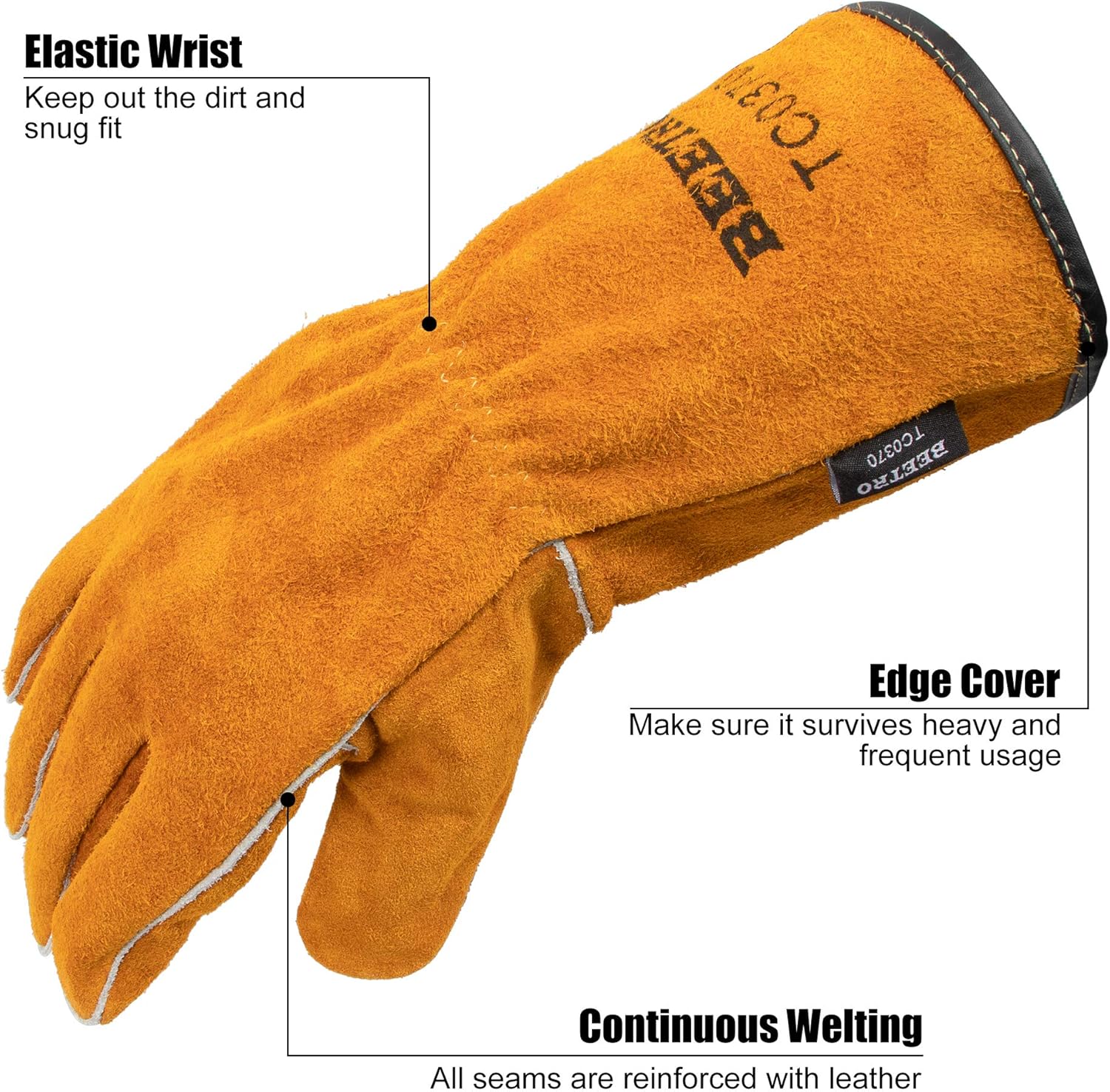 BEETRO Welding Gloves, Cow Leather Forge/Mig/Stick Welder Heat/Fire Resistant, Mitts for Oven/Grill/Fireplace/Furnace/Stove/Pot Holder/Tig Welder/Wood Burner/BBQ/Animal handling glove with Soft Lining, 1 Pair: Home Improvement