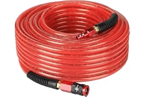 EADUTY Heavy Duty Reinforced Polyurethane Air Hose 1/4 in x 100 ft, Lightweight, Flexible Compressor Hose with Universal Quick Coupler, Plug and Bend Restrictors, Red