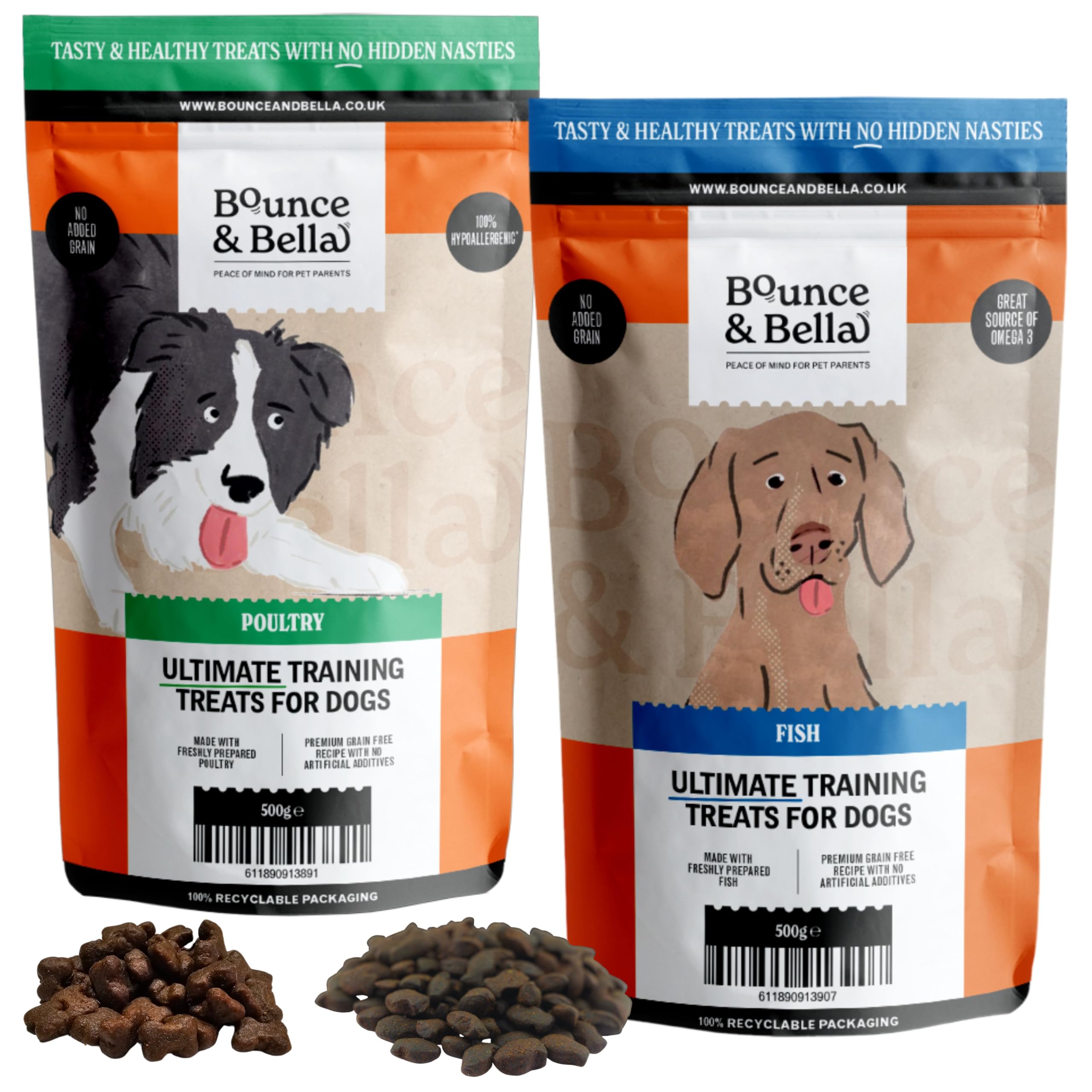 Grain-Free Dog Training Treats – 2 Pack: Poultry (500g) & Fish (500g) (1000g Total) | Crunchy, Hypoallergenic Bites | Bounce and Bella