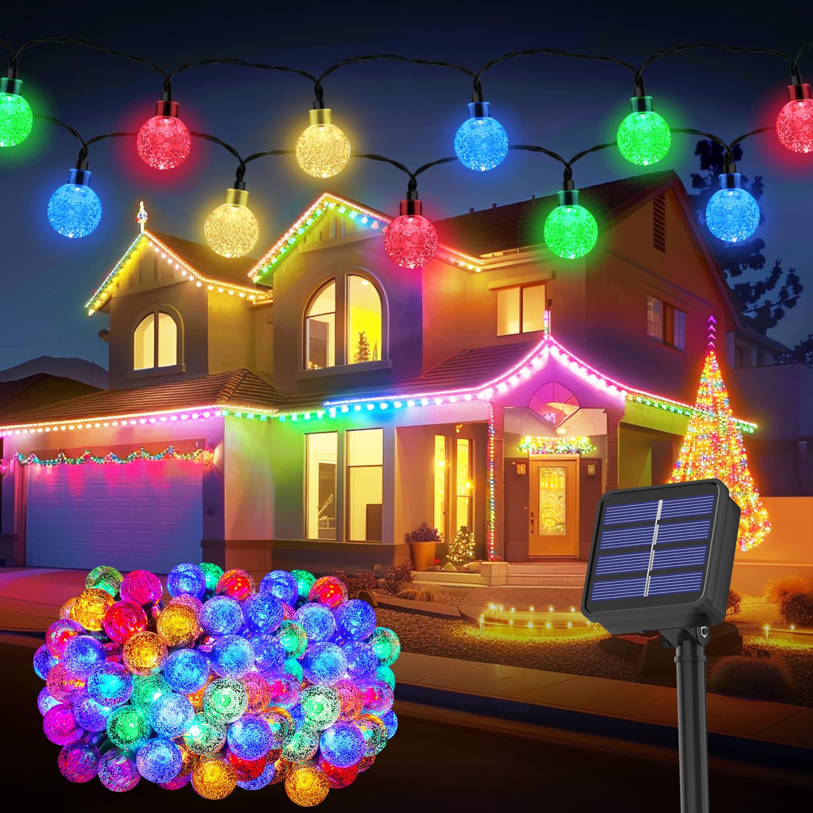 Solar String Lights, 59ft 100LED Outdoor Solar Fairy Lights with 8 Modes Crystal Ball, Multicolor, Memory Function, Decorative for Garden, Yard, Parties (Waterproof)