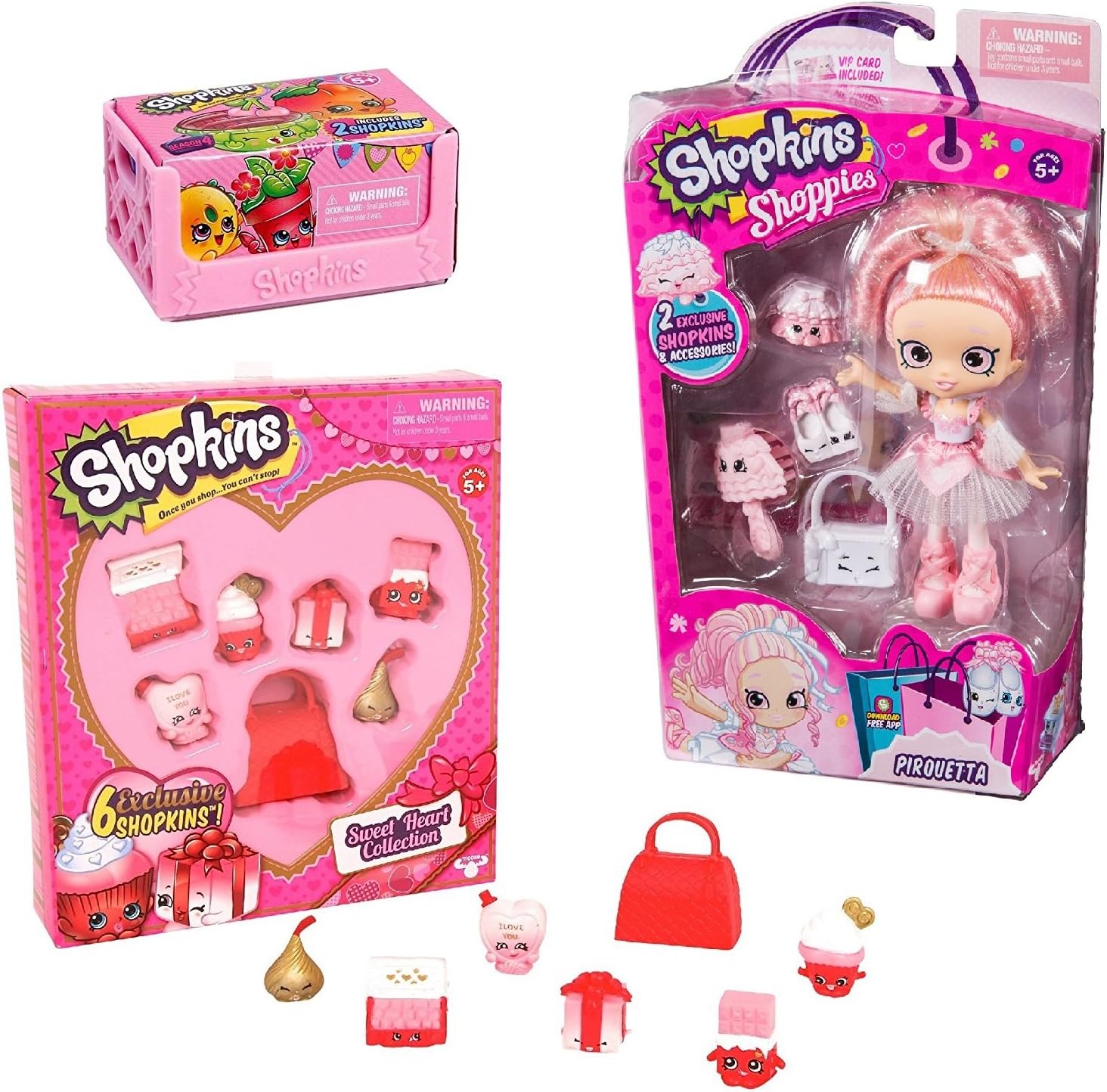 Shopkins Valentine's Day Bundle (Pink): Pirouetta Shoppies Doll, Sweetheart Collection and Mystery Crate