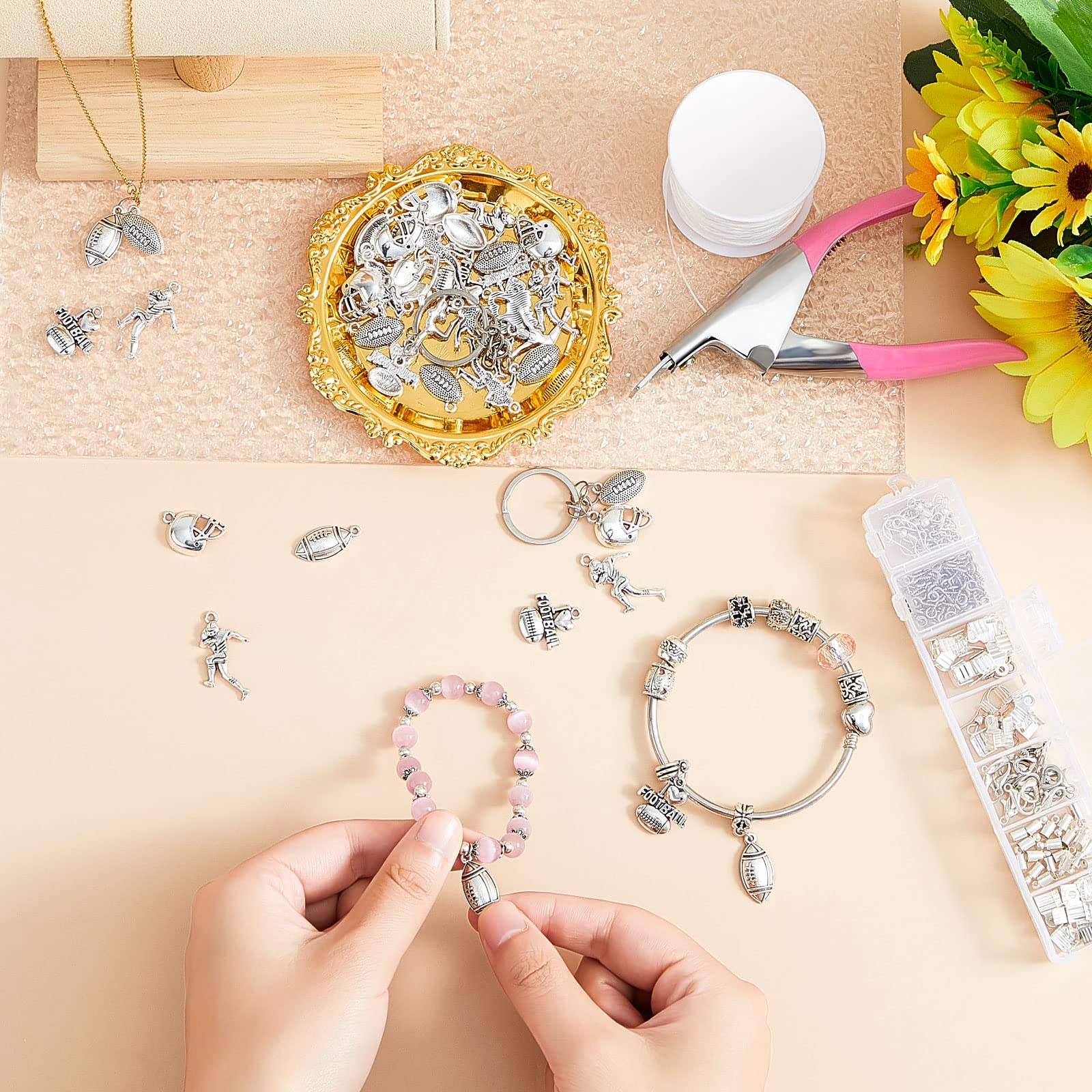 Blulu Football Charms Mixed Silver Football Player's Bat Beads Pendants Necklace Crafting Sport Charms Jewelry Making Findings Accessory DIY Necklace Bracelet