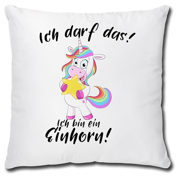 TRIOSK Geschenk Kissen mit Einhorn Ich darf Das und lustiger Spruch für Frauen Mädchen, Dekokissen Bezug inkl. Füllung Reißve
