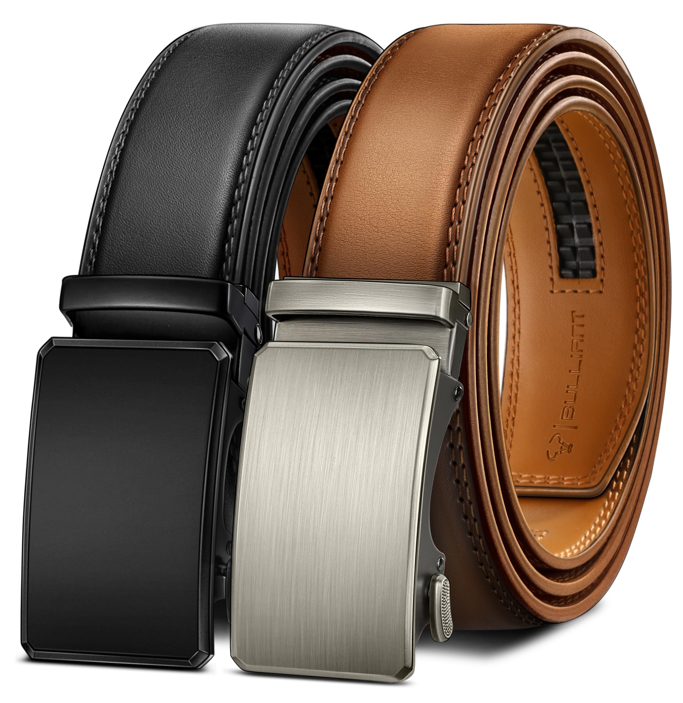 BULLIANT Men belt 2Pack,Leather Ratchet Belt for Gift Men Dress Casual Jeans 1 3/8",Cut for Fit(Black/Orange Brown,30"-36" Waist Adjustable) Image