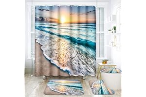 ArtSocket 4 Pcs Shower Curtain Set Beautiful Sunrise Over Sea Beach Sunny Sunset Marine Natural with Non-Slip Rugs Toilet Lid Cover and Bath Mat Bathroom Decor Set 72" x 72"