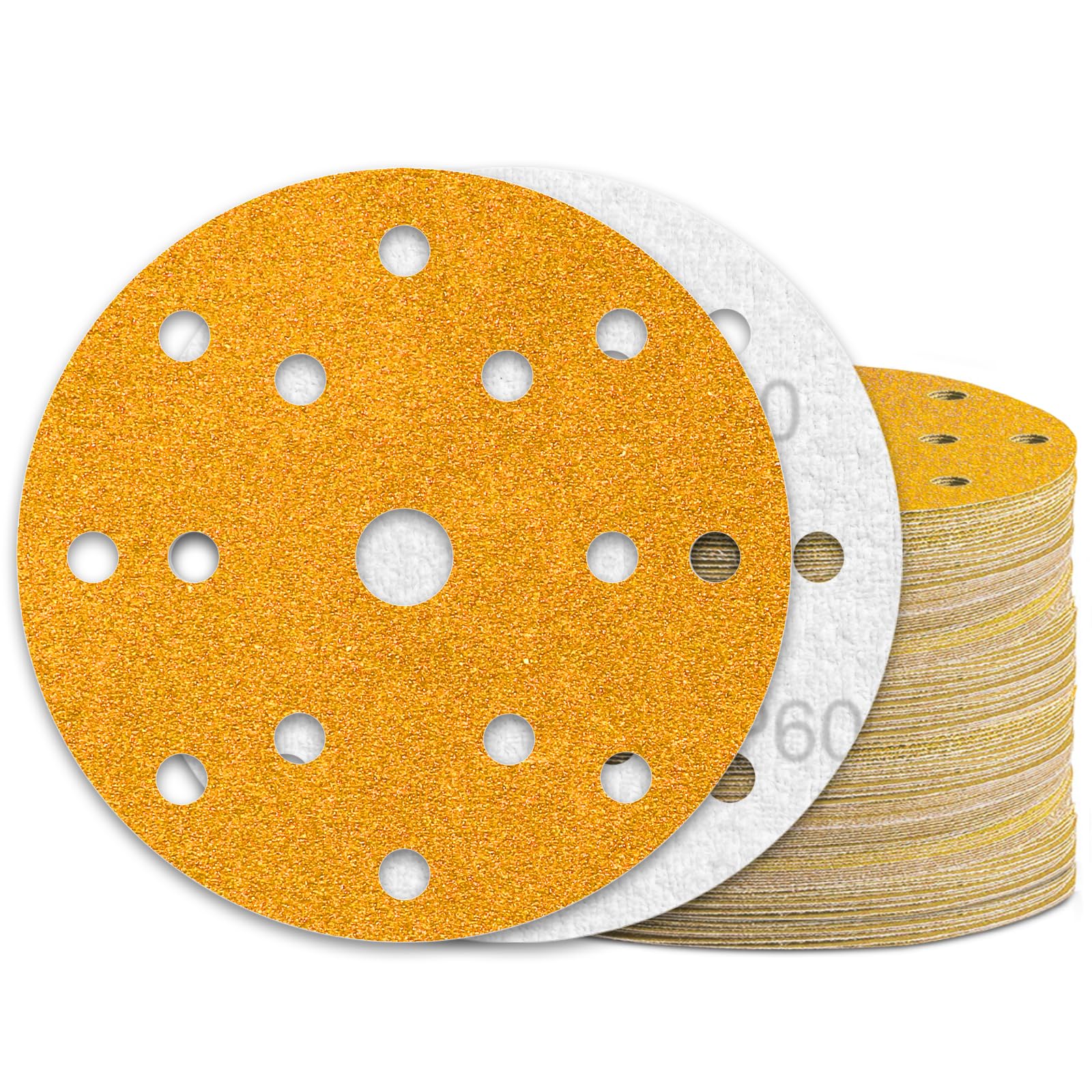 KONGMING 60 Pcs 150mm Sanding Discs Grit 60 Hook and Loop 15 Hole for Random Orbital Sander