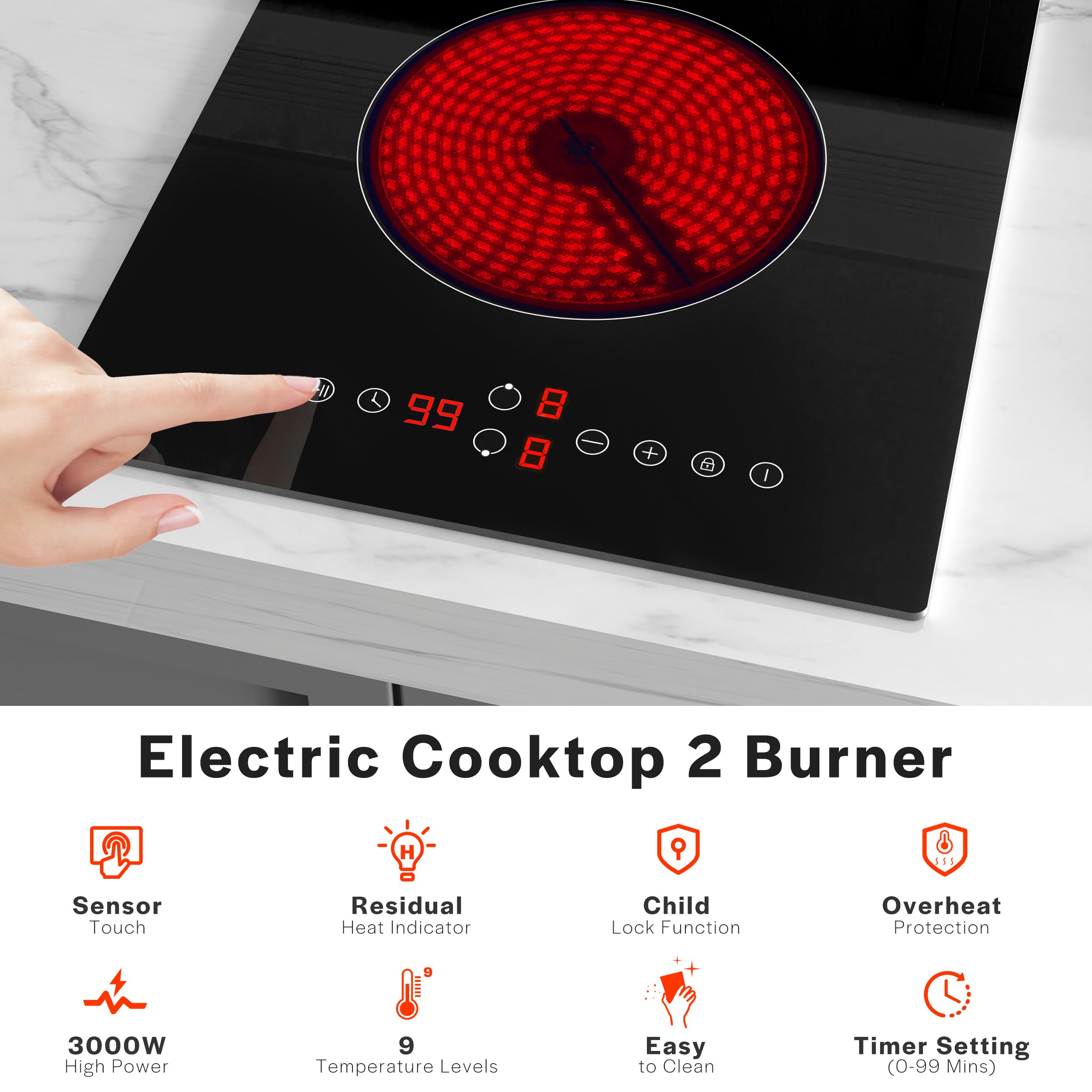 Empava 3000W Cooktop 2 Burner, Built in Infrared Electrical Stove Top for Kitchen 208~240V Hard Wired, No Plug, ETL Certified, Black, 12 Inch Radiant