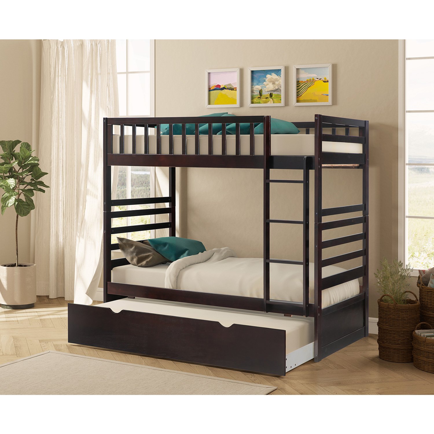 Merax Twin Over Twin Bunk Bed with Trundle in Espresso Finish Kitchen & Dining