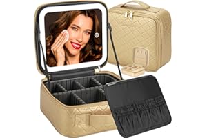 EXTREI GENT Makeup Travel Train Case with Mirror LED Light 3 Adjustable Brightness Cosmetic Bag Portable Storage Adjustable Partition Waterproof Makeup Brushes Makeup Jewelry Gift for Women (Gold Color)