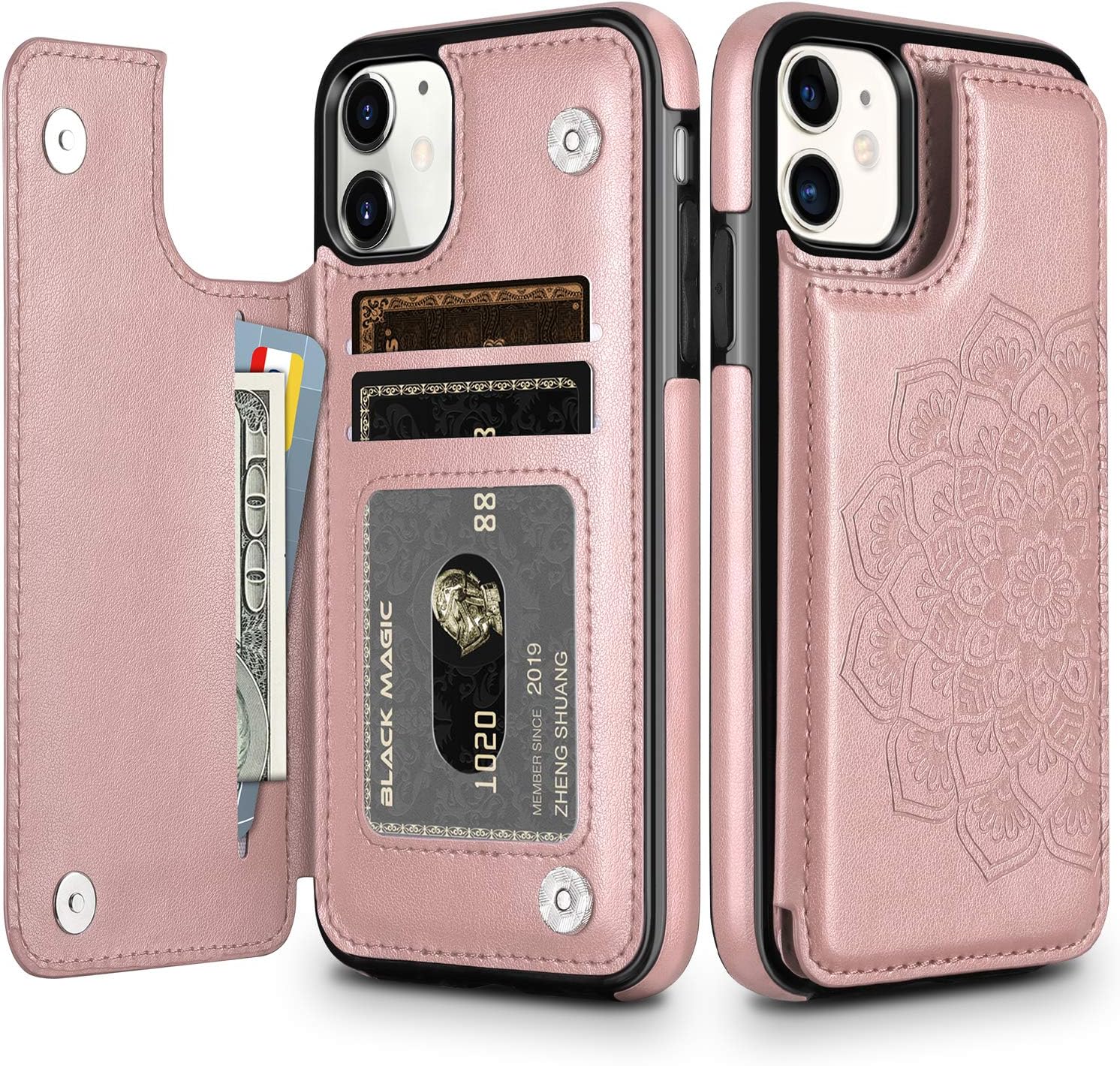 HianDier Wallet Case for iPhone 11 6.1-inch Slim Protective Case with Credit Card Slot Holder Flip Folio Soft PU Leather Magnetic Closure Cover for 2019 iPhone 11 iPhone XI, Mandala Rose Gold