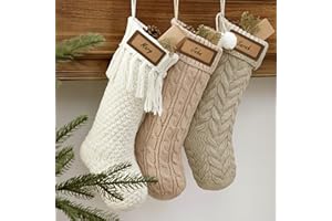 LIMBRIDGE Farmhouse Personalized Knitted Christmas Stockings, 3 Packs 18 inche Knit Christmas Stockings, Rustic Farmhouse Boho Style Stocking Decorations for Family Holiday Season Decor, White & Beige