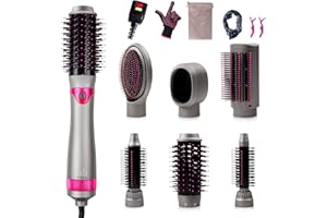 FAYLISVOW 6 in 1 Hair Dryer Brush, Blow Dryer Brush Styler,Salon Negative Ionic Electric Hot Air Brush, Hair Straightener&Curly Hair Comb, Detachable Brush for Women, Girlfriend Gifts, Gray and Pink