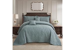 HZ & HY Botanical Oversized King Bedspread 128x120 Extra Wide, Leaves Pattern Stitching Quilt Set, Elegant & Fresh Style Bedding Cover, Reversible, Lightweight 5 Piece Set, Grey