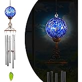 Naboher Wind Chimes, Solar LED Outdoor Garden Lighting, Light Biue Glass and Metal Wind Chime Lawn and Yard Decoration with Bronze Metal Finial, 5 x 46.5 Inch (Dark Blue)