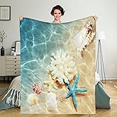 ZFYIPOK Beach Throw Blanket, Ocean Beach Theme Blanket Seashell Blanket Travel Blankets Warm Blankets for Bedroom Living Rooms Sofa Beds Office 50x40 Inch