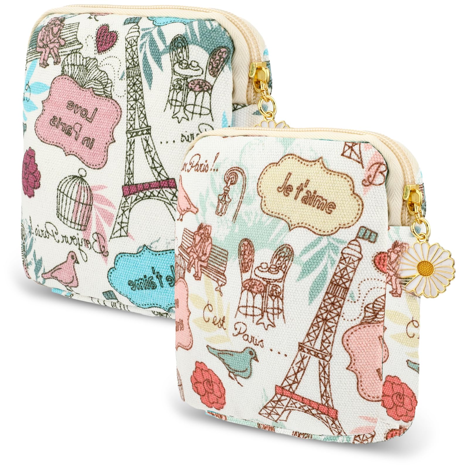 Cobee 2PCS Sanitary Pad Storage Bag, Cute Sanitary Napkin Storage Purses Portable Period Bag with Daisy Zipper Panty Liner Tampon Menstrual Cup Nursing Pad Holder Pouch for Girls Women Travel(Tower)