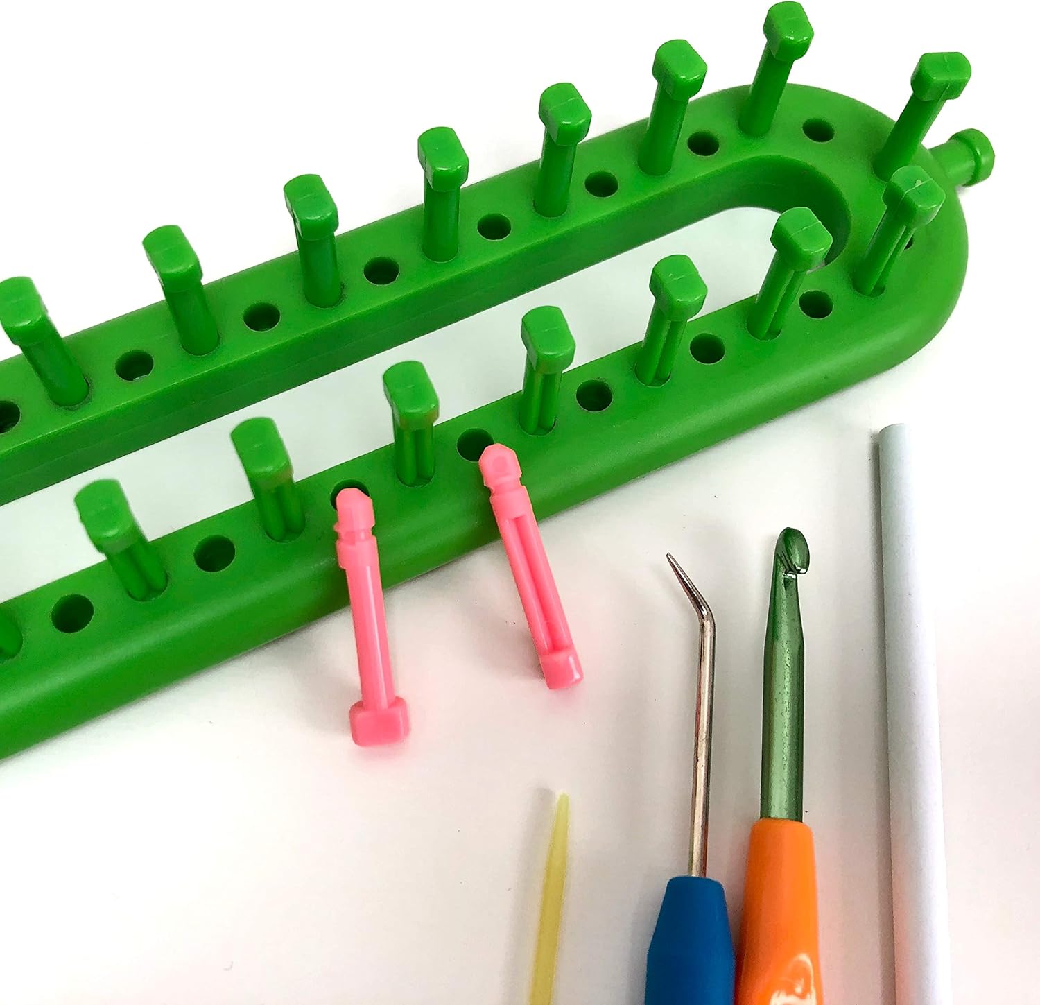 KnitUK Long Green Knitting Loom (47cm) 50 pegs + 50 pink extrapegs